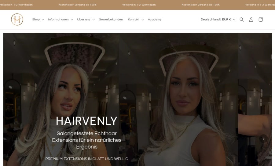 Startseite des Online-Shops hairvenly.de für Echthaar-Extensions