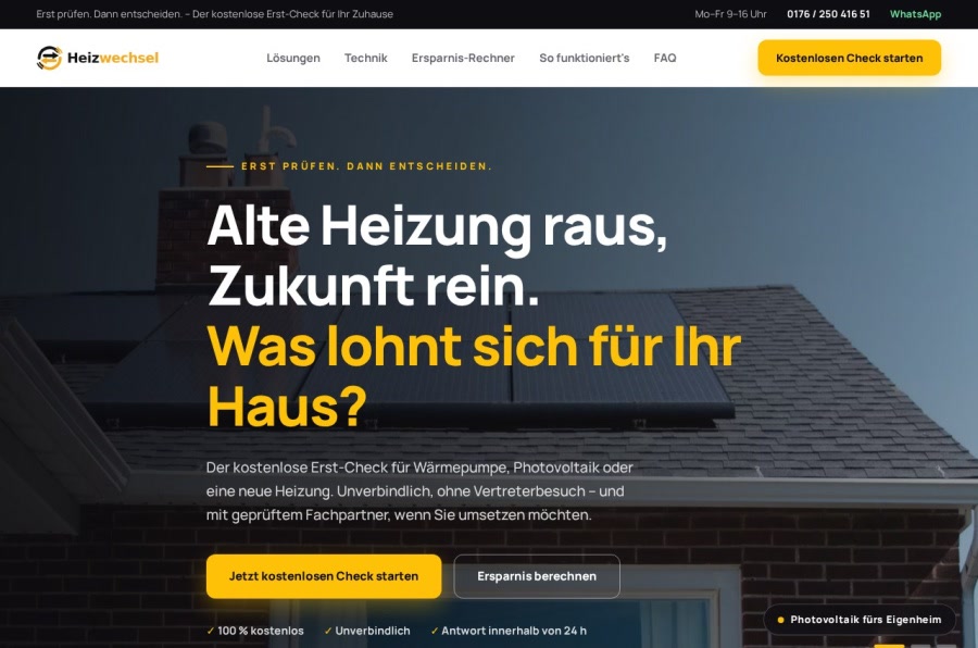 Startseite von heizwechsel.de mit Erst-Check für Heizungsmodernisierung