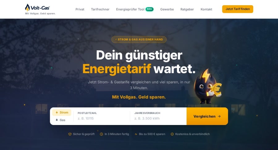 Startseite von volt-gas.de mit Tarifrechner für Strom und Gas